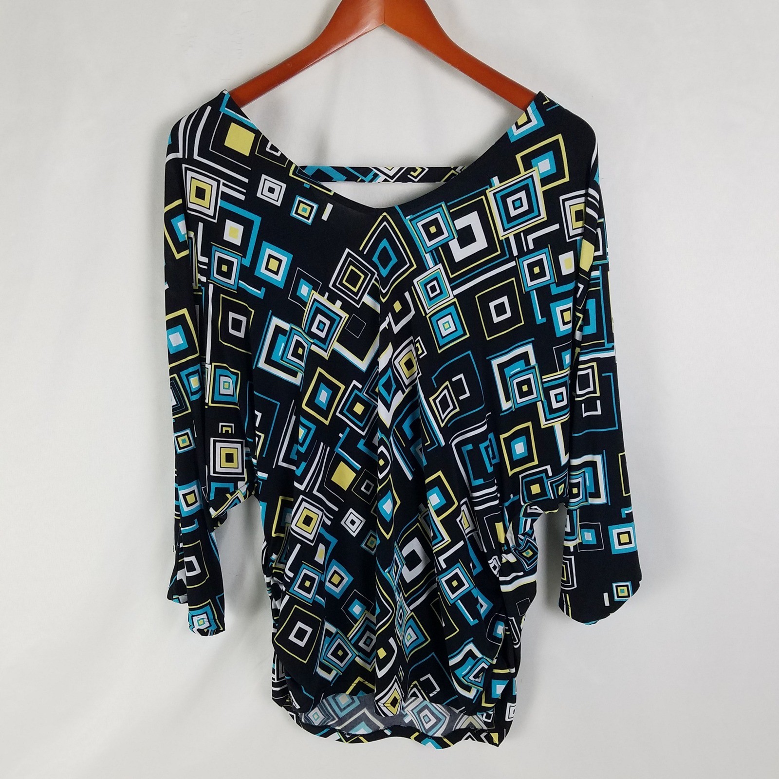 Versona Black Blue Geometric Print Dolman Sleeve Ruched Top Womens Size Large