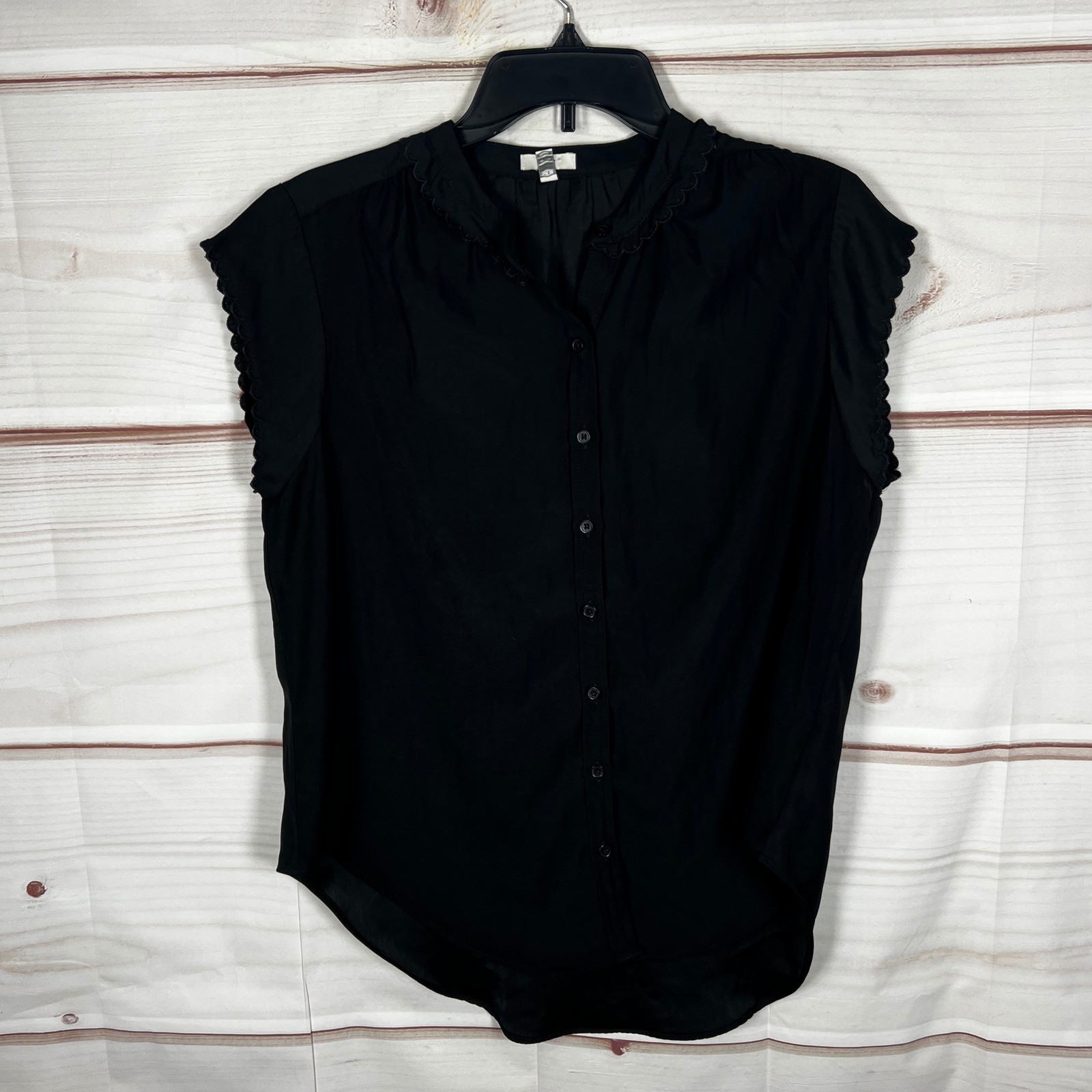 Joie Scalloped Cap Sleeve Blouse Womens Small Black Solid Button Up Office Wear