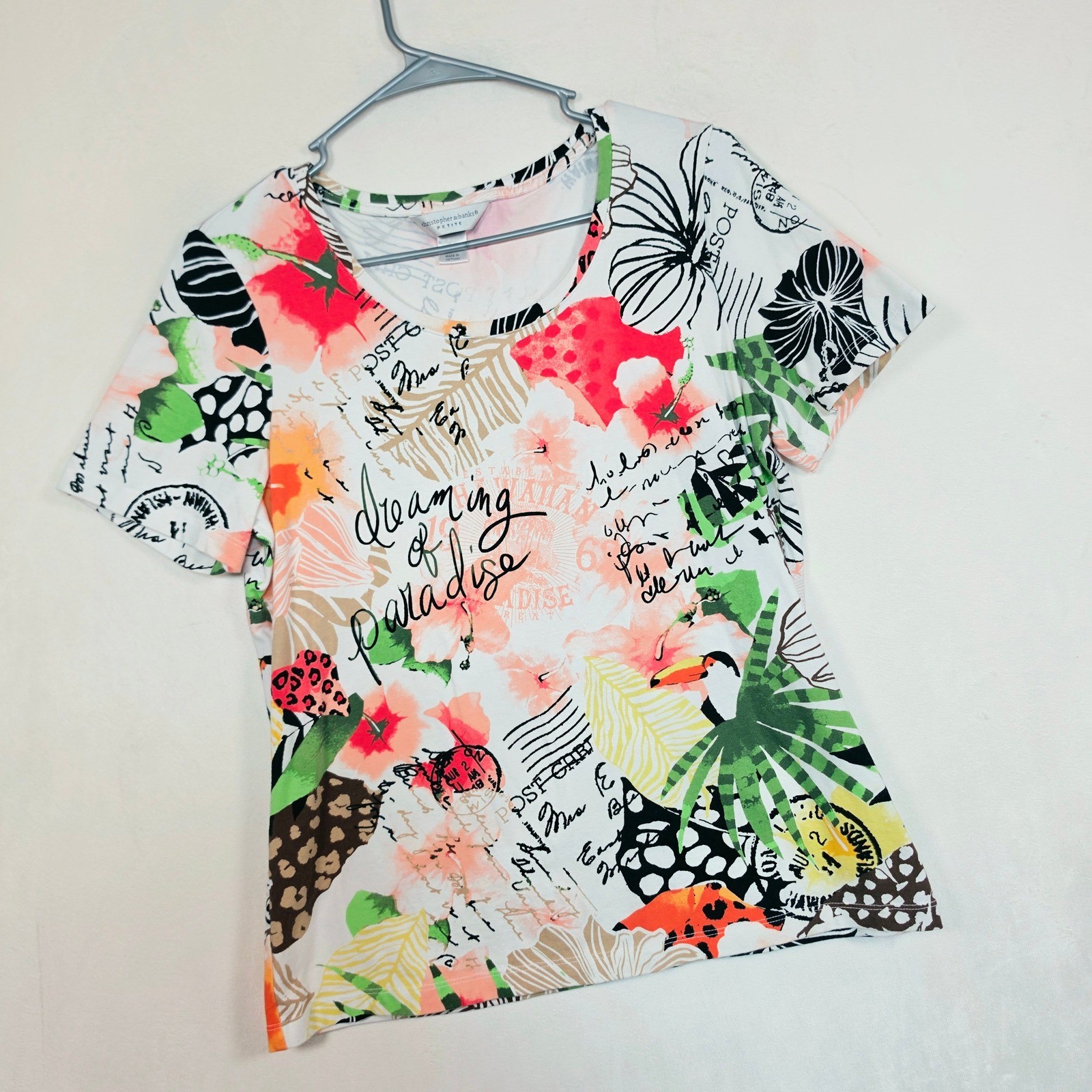 Christopher & Banks Top Womens PM White Tropical Floral Postcard Boho Coastal