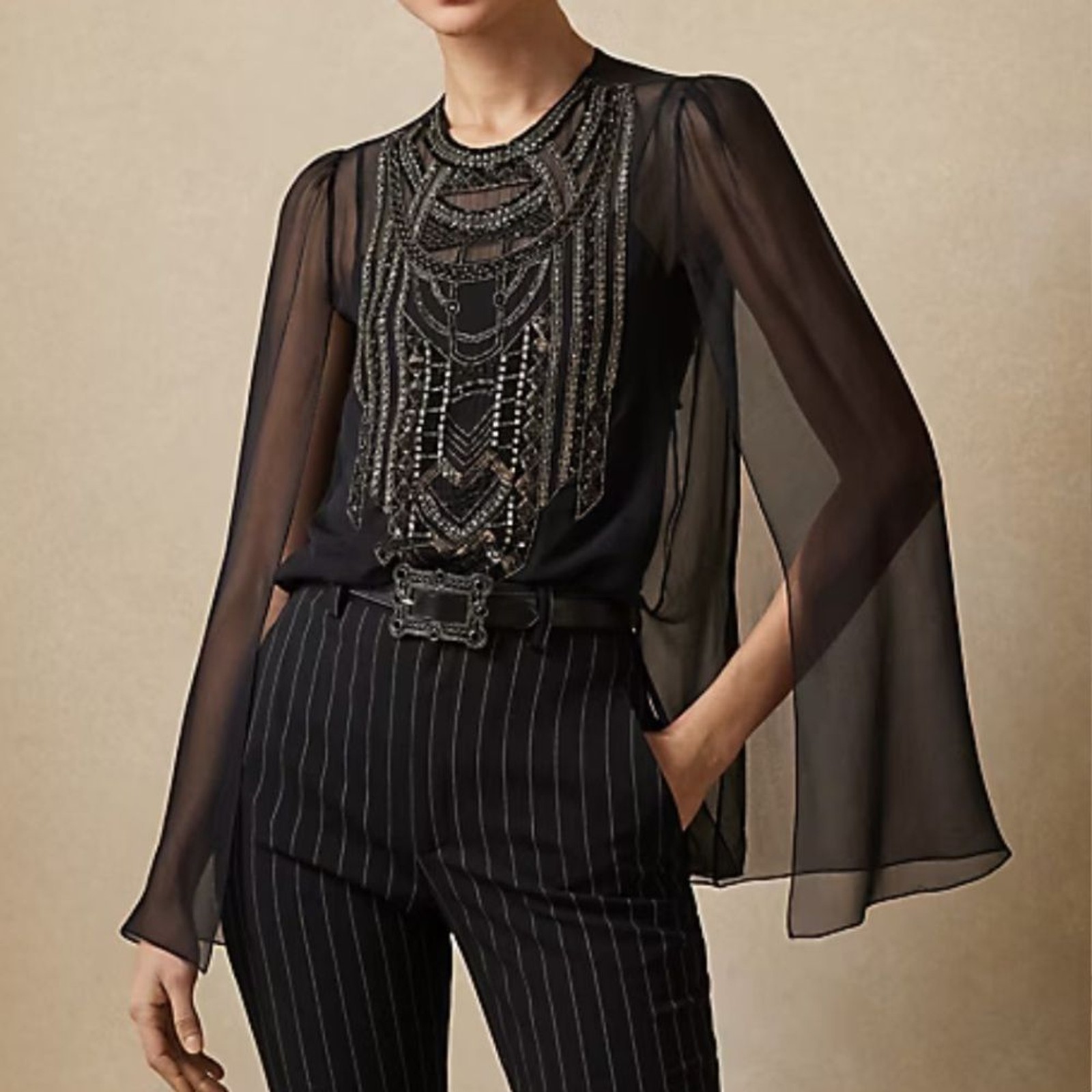 Ralph Lauren Collection Black Esmerelda Embellished Beaded Chiffon Blouse size 2