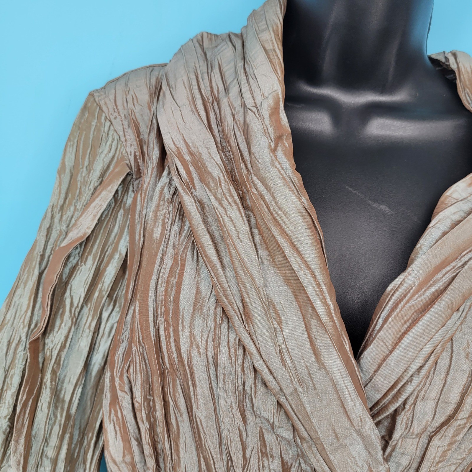 Essentials by Milano liquid Bronze Metallic Crinkle Wrap Blouse Y2K Pleated Top