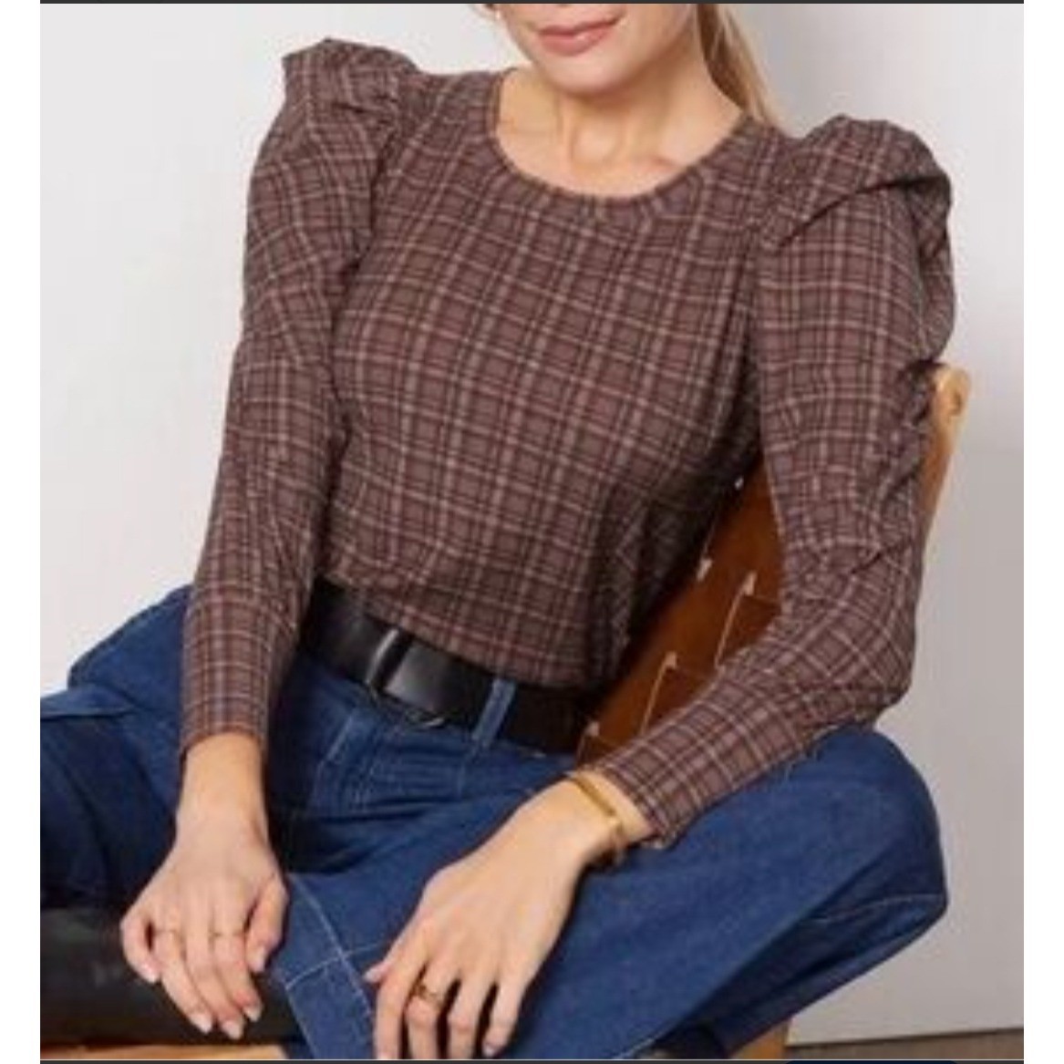 Nation LTD Romy Puff Sleeve Top Womens Small Tartan Plaid Pima Cotton