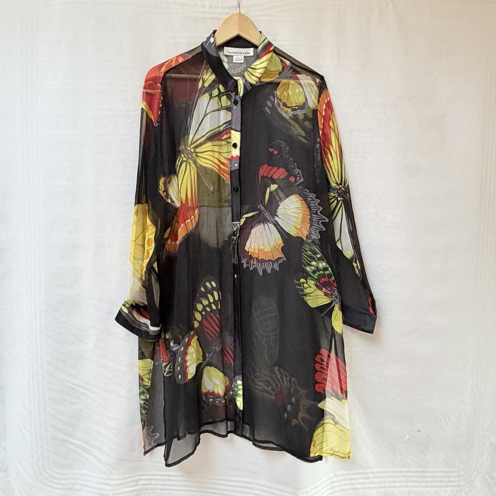 Caroline Rose Butterfly Sheer Tunic Black Multicolor Satin Trim Silk Women Large