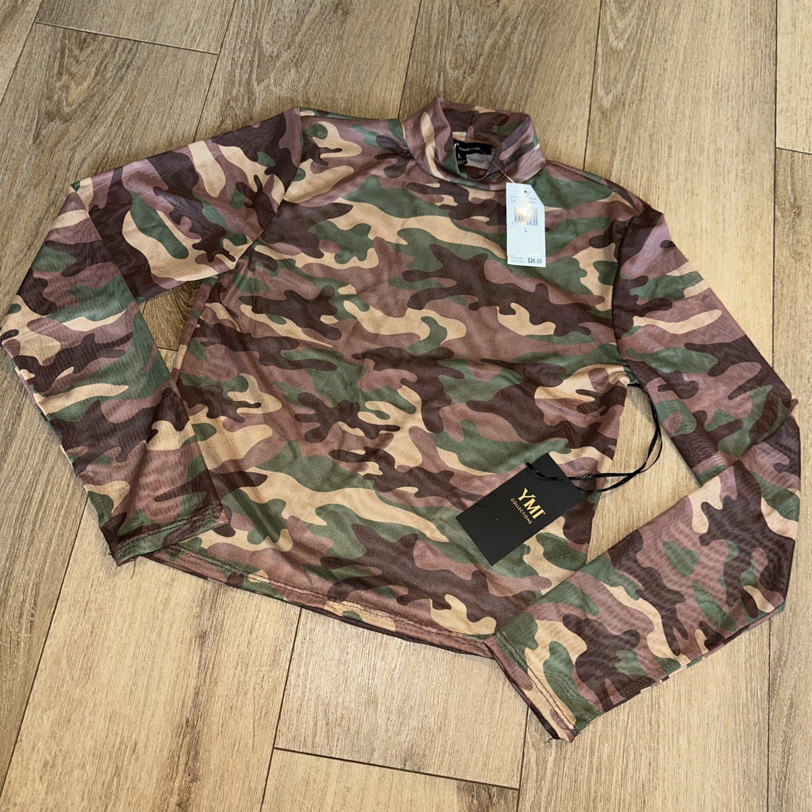 YMI Collection Junior’s LS Camo Sheer Mock Neck Crop Shirt Size Large Stretch