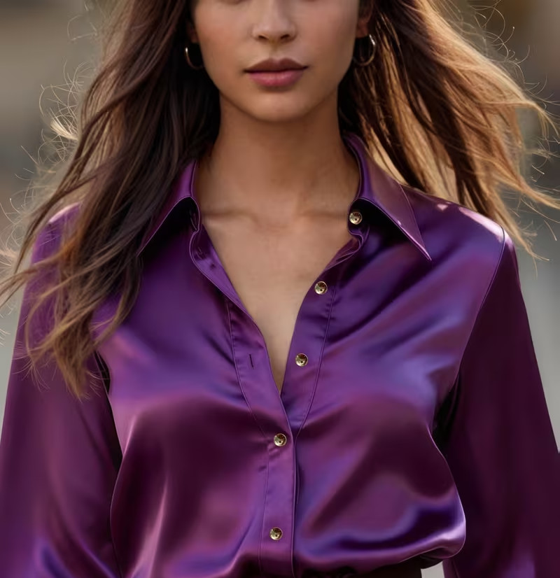New Classy Elegant Luxurious Sexy Purple Satin Long Sleeve Blouse XL NEW