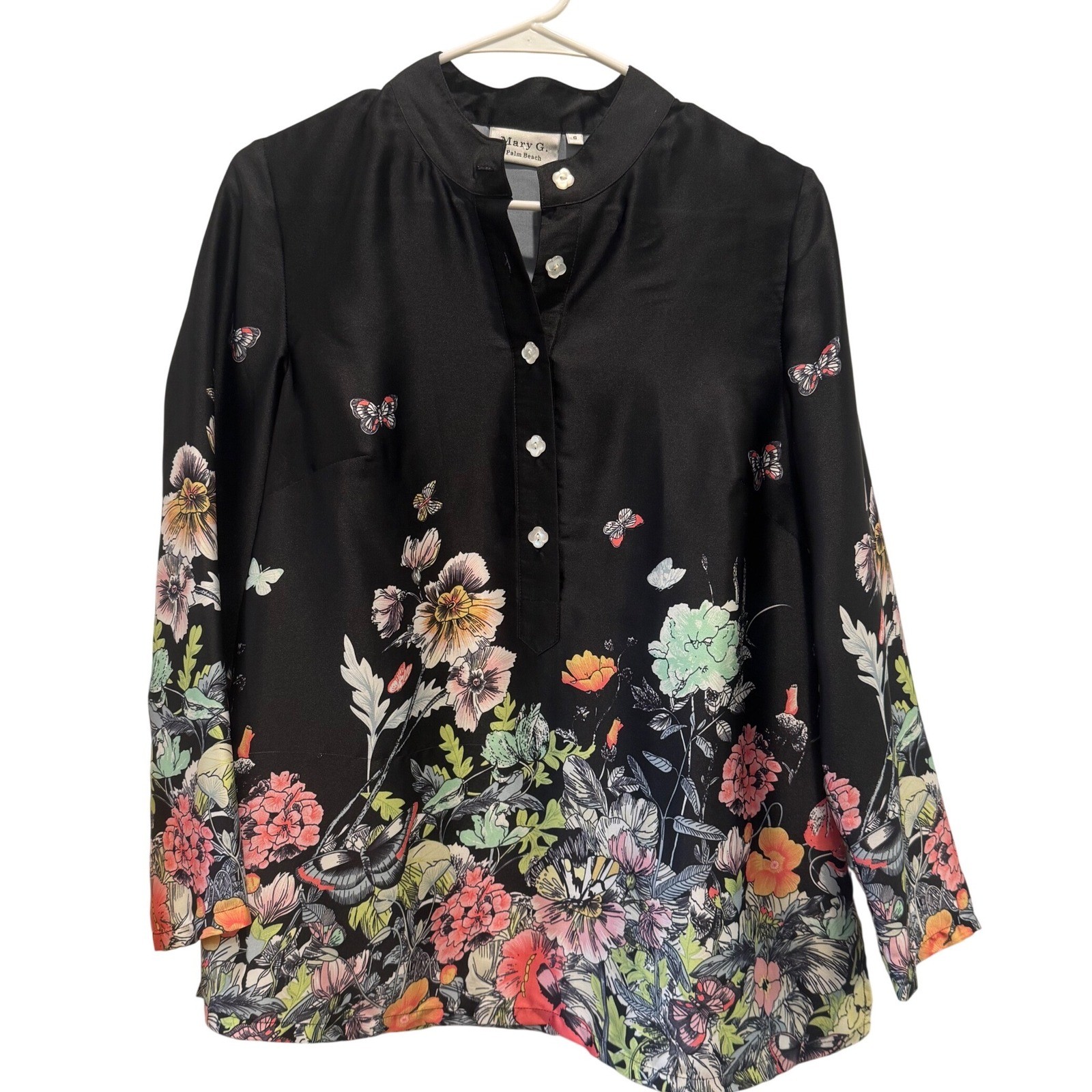 Mary G. Palm Beach Floral Butterfly Tunic Women’s Small Black Mandarin Collar