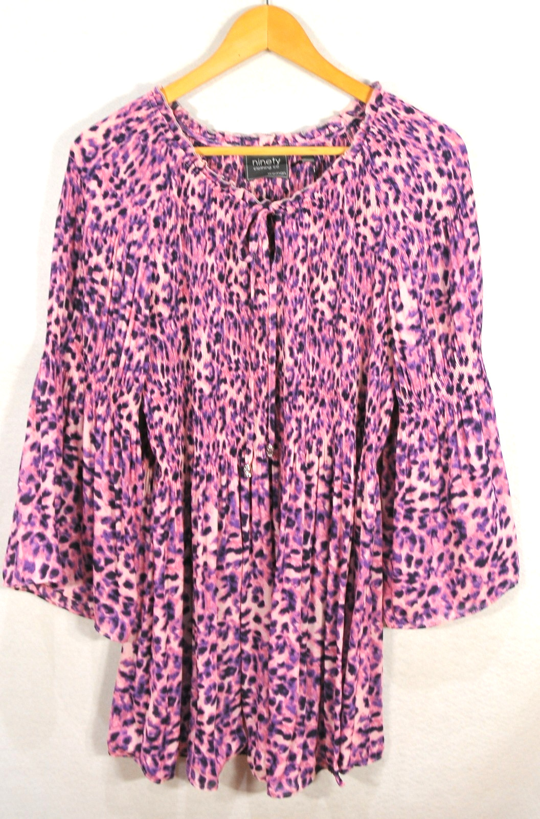 Ninety Women’s Pink Leopard Print Accordion Pleated Bell Sleeve Blouse 2X NWT