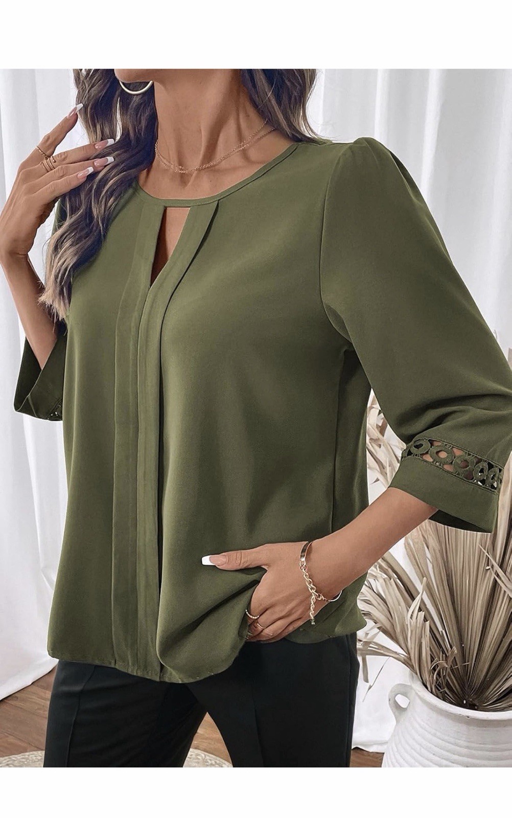 Dokotoo Womens 3/4 Sleeve Tops Dressy Blouses Crewneck XL Green