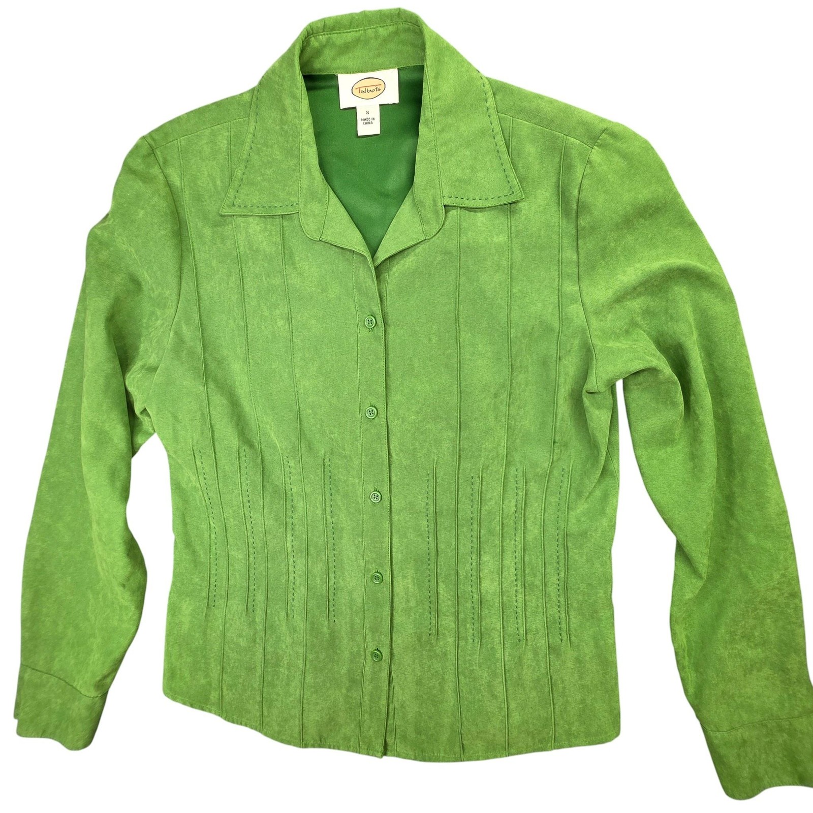 Talbots Shirt Womens Small Green Faux Suede Button Front Collared Lined Pintuck