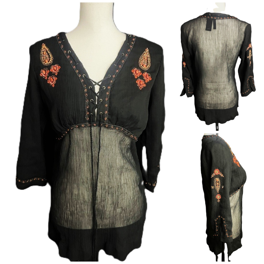 Y2k Black Sheer Babydoll Tunic Blouse L Beads Lace-up Whimsigoth Fairygoth Boho