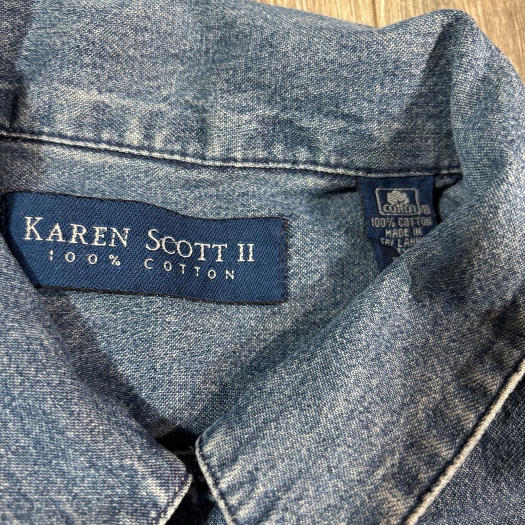 Karen Scott II Vintage Denim Button-Down Shirt with Fall Harvest Embroidery