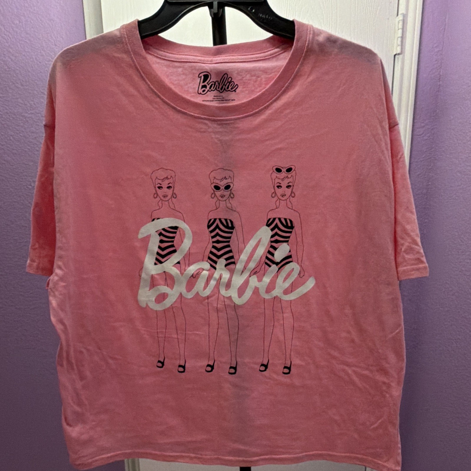 Barbie Pink Graphic Print Logo Crew Neck Short Sleeve Crop T-Shirt XL RARE