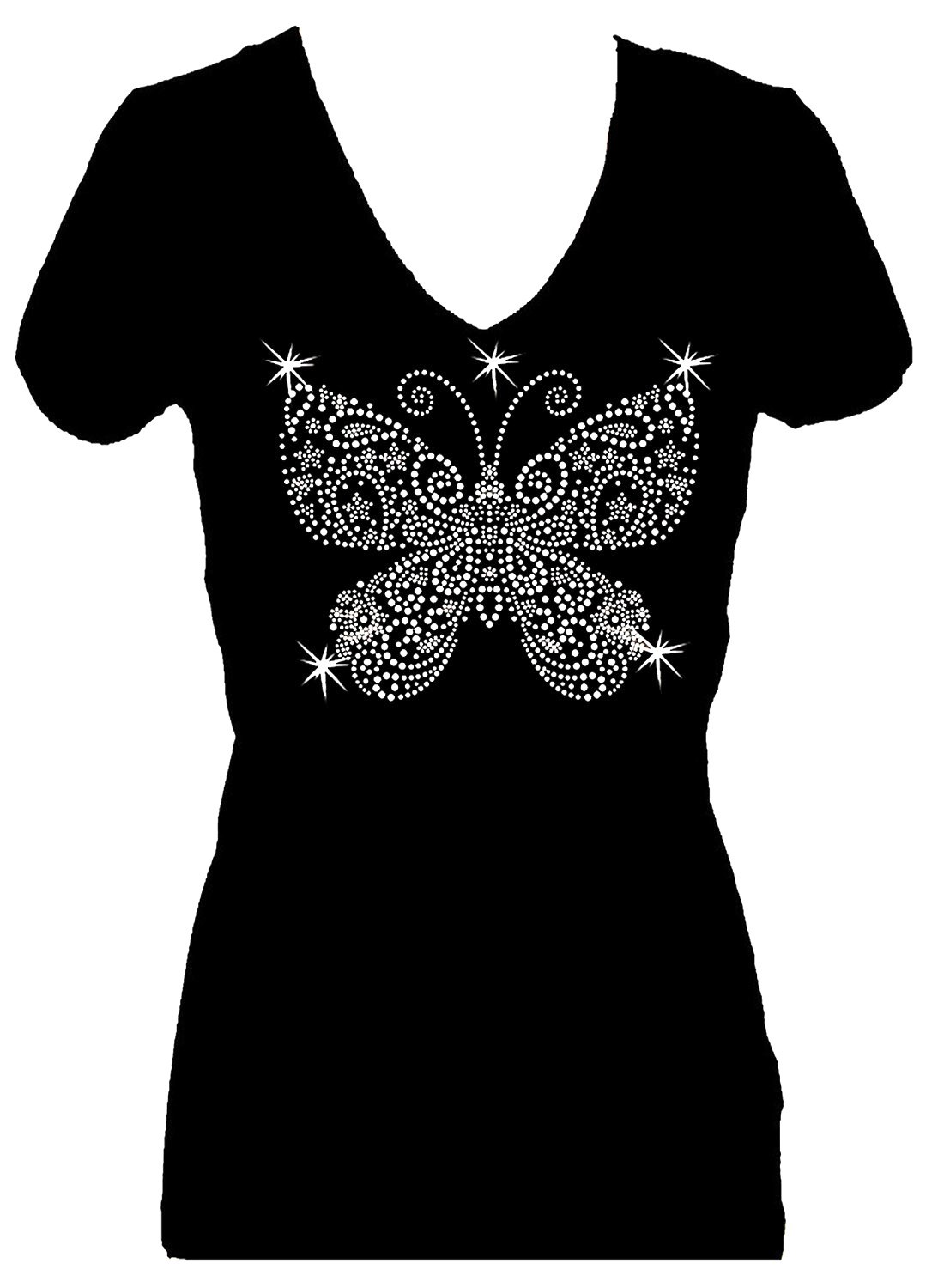 ALL RHINESTONE BUTTERFLY CLEAR BLING VNECK SHORT SLEEVE TEE SHIRT