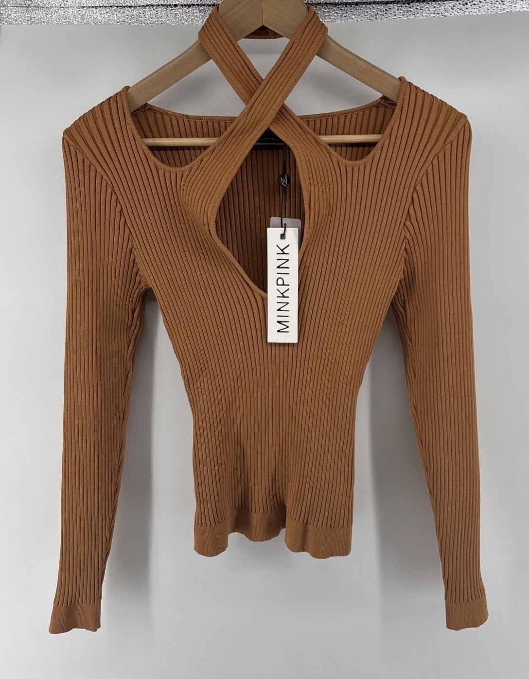 MINKPINK Gianna Knit Long Sleeve Top L Beige Criss Cross Neck Sweater NWT