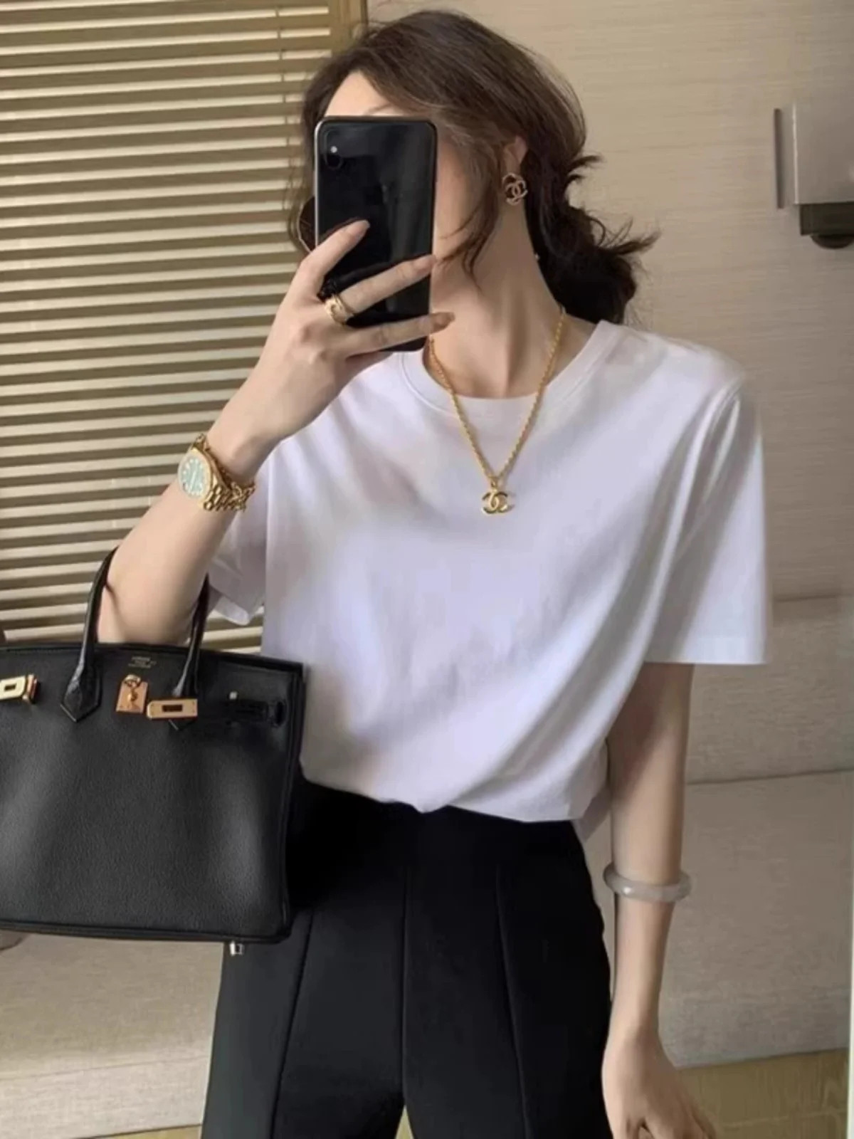 Summer Women’s Retro Black Pure Cotton Short Sleeve Casual T Shirt Top