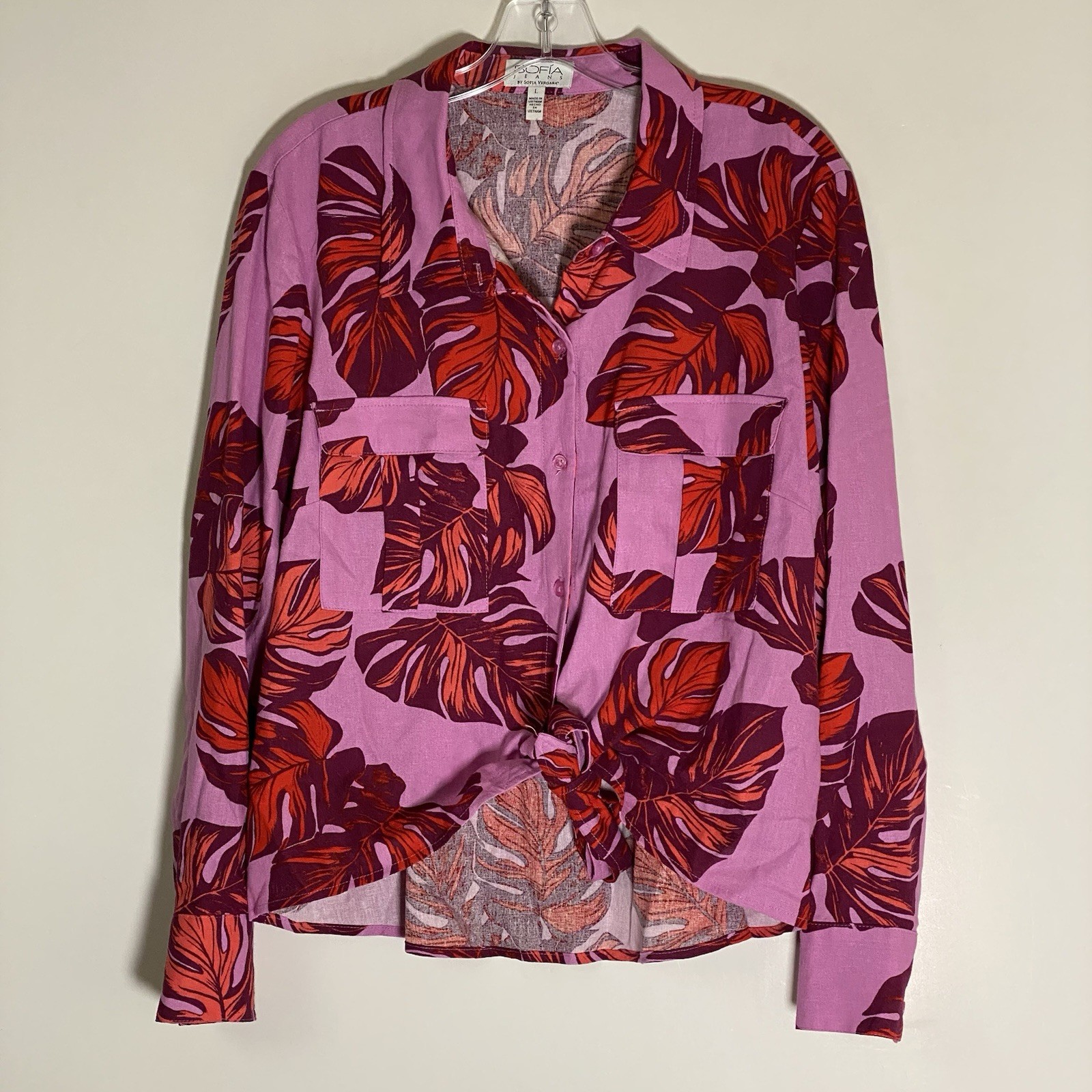 Sofia Jeans By Sofia Vergara Top Womens Large Pink Red Floral Linen Blouse Boho