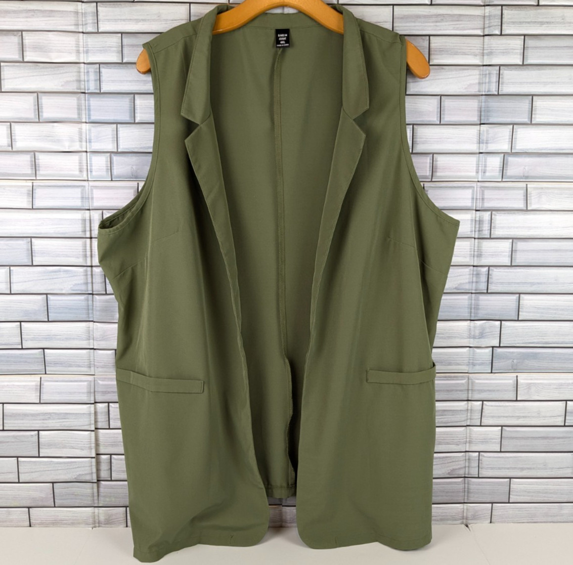 Shein Curve Open Front Vest Womens 4XL Green Notched Lapel Faux Pockets Stretch