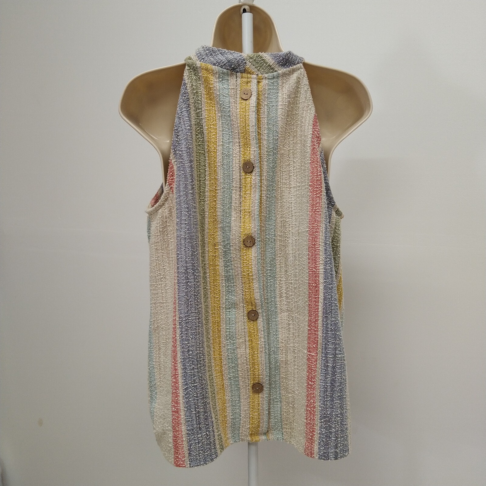W5 Women’s TankTop White Blue Green Yellow Stripe Sleeveless Shirt Blouse Size M