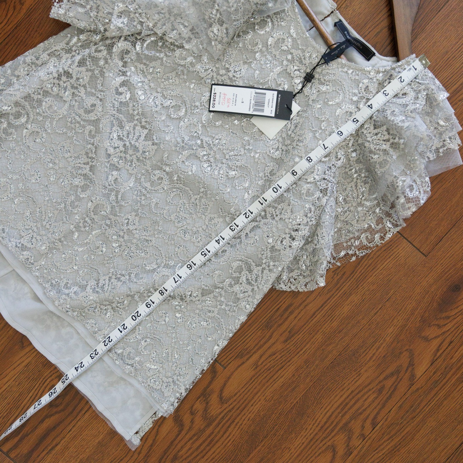 BCBGMAXAZRIA Steacy Silver Metallic Lace Ruffle Sleeve Blouse Top NWT QJC1N946