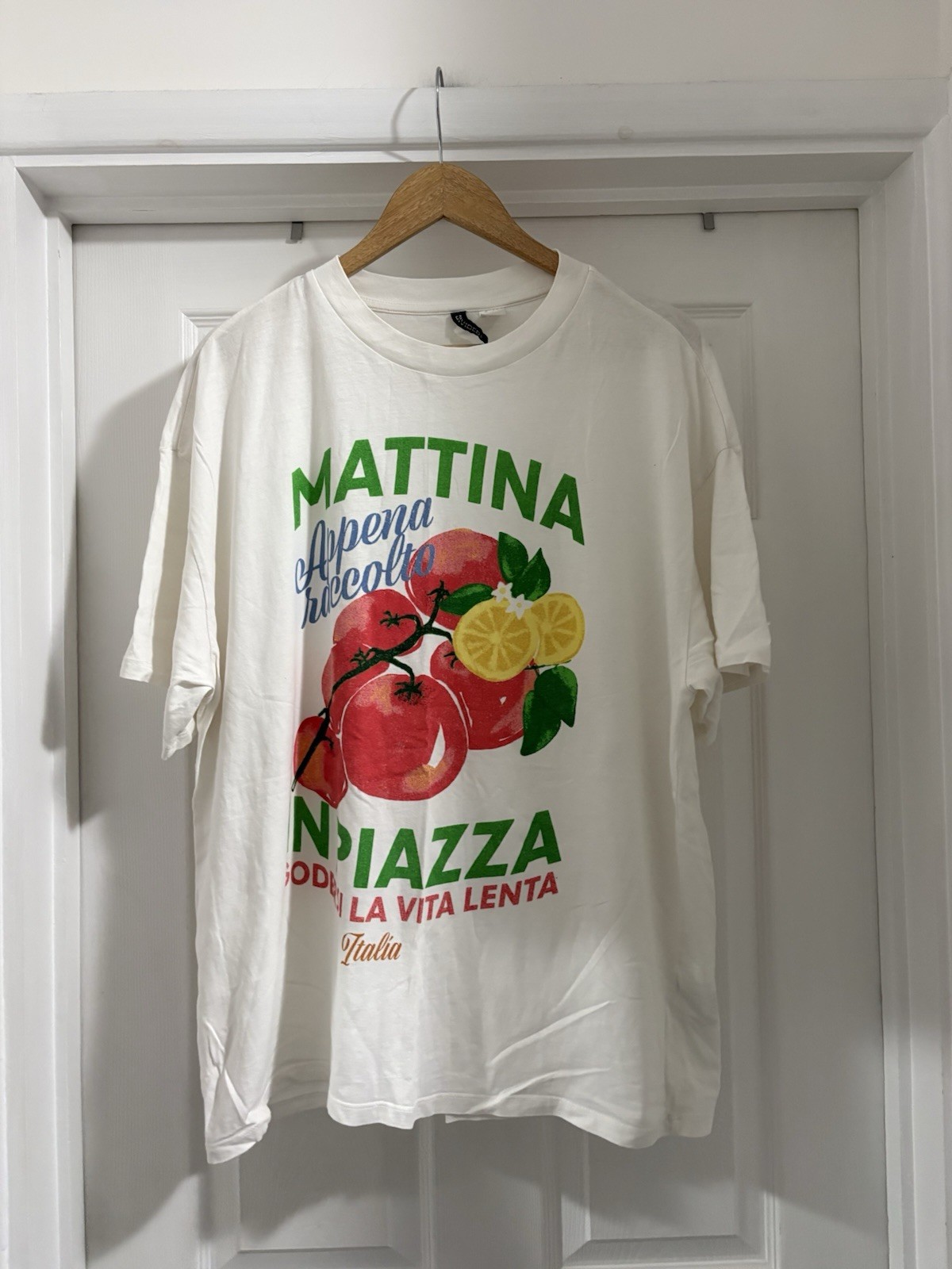 Women’s H&M White T Shirt Italian Fruit Print Size L 16-18 100% Cotton