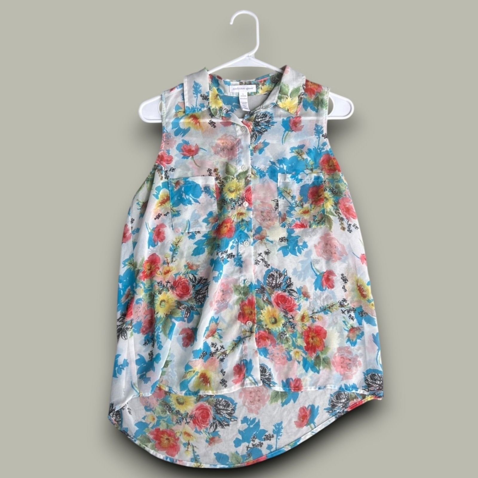 Ambiance Apparel Blouse Womens White Floral L Sleeveless Sheer Femninine Chic