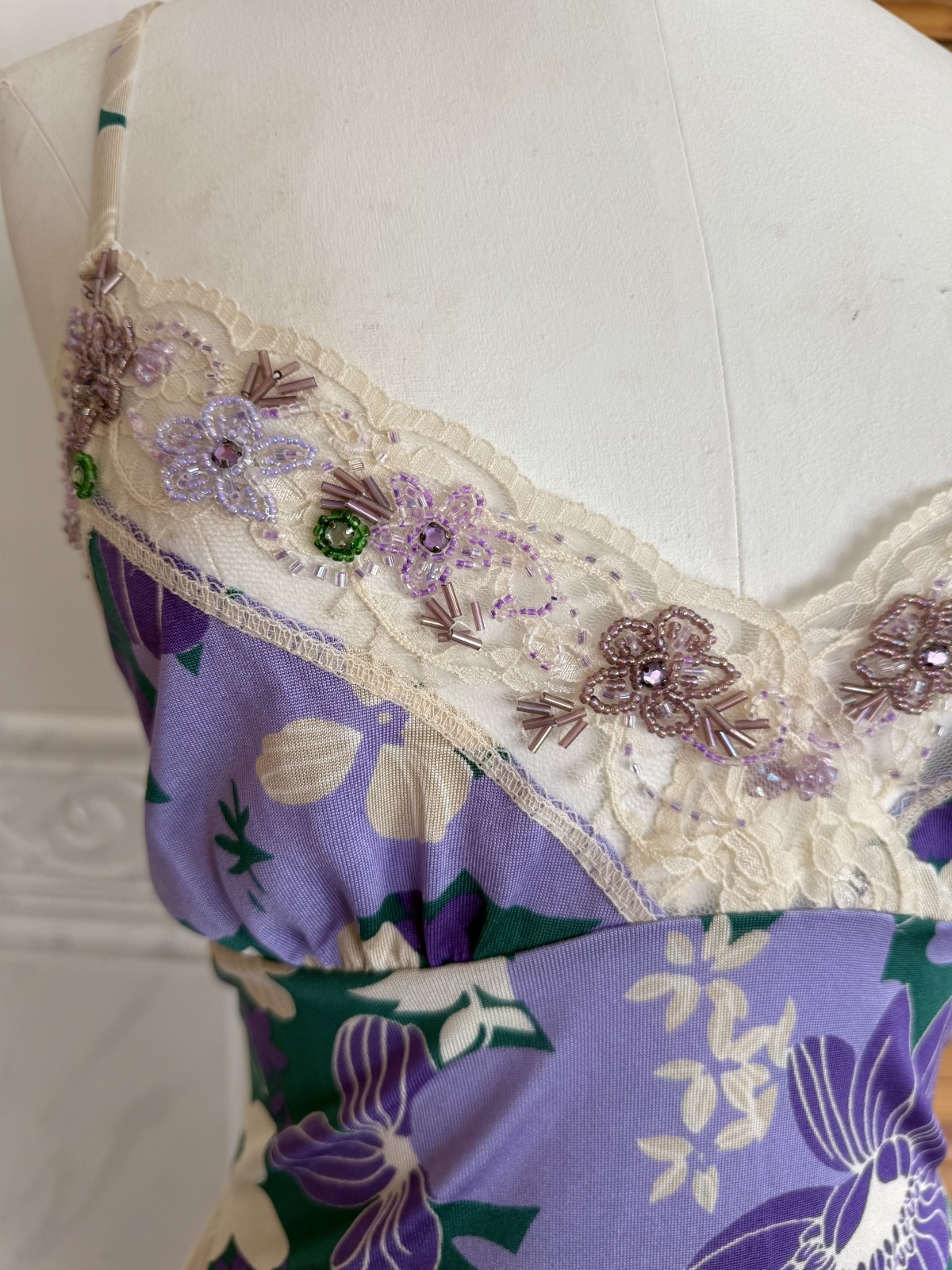 Italian Designer Green & Purple Floral Embellished Cami Top L