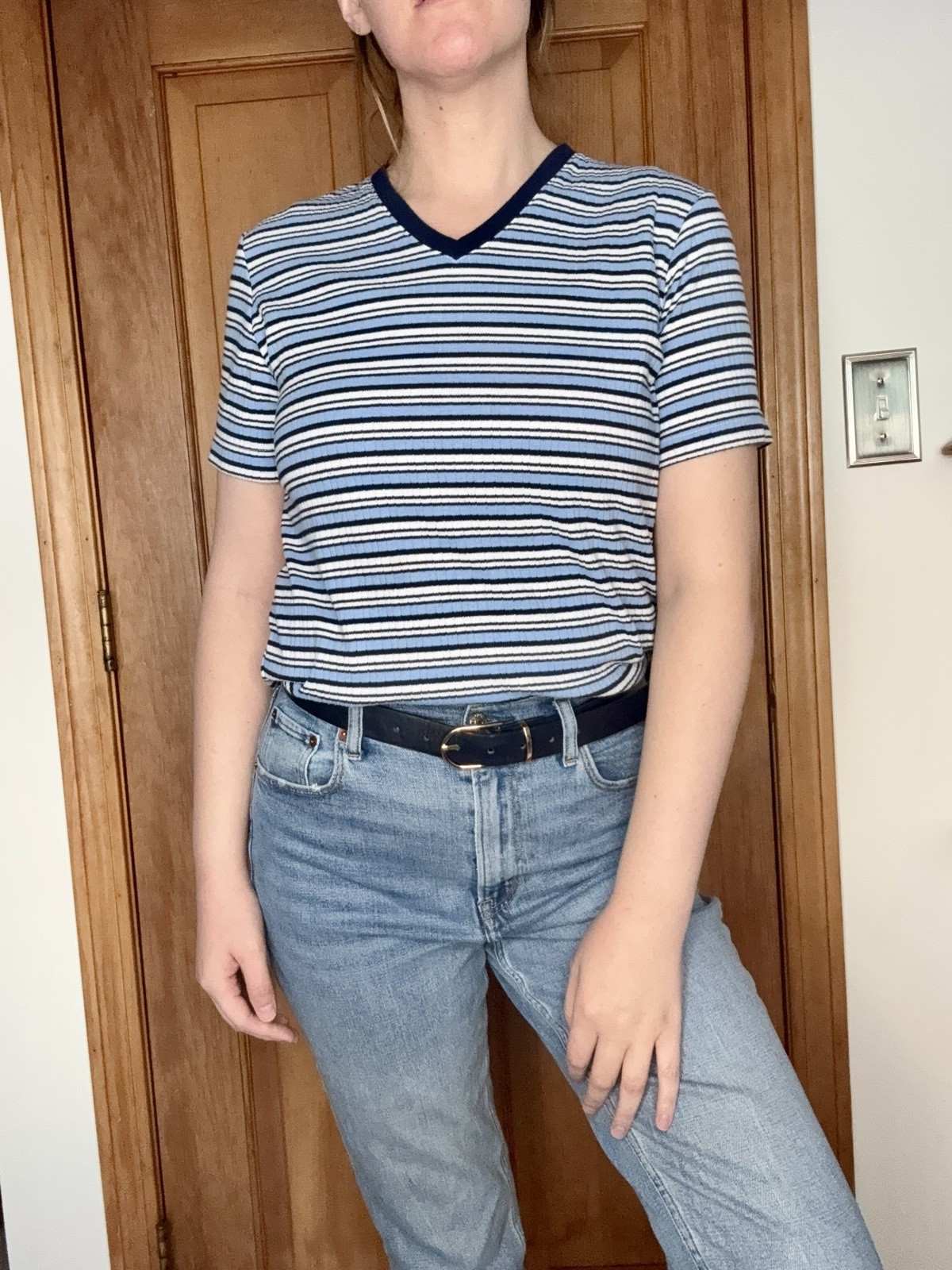 Classic Elements vintage Y2K 90s blue striped ribbed grunge T-shirt women’s S