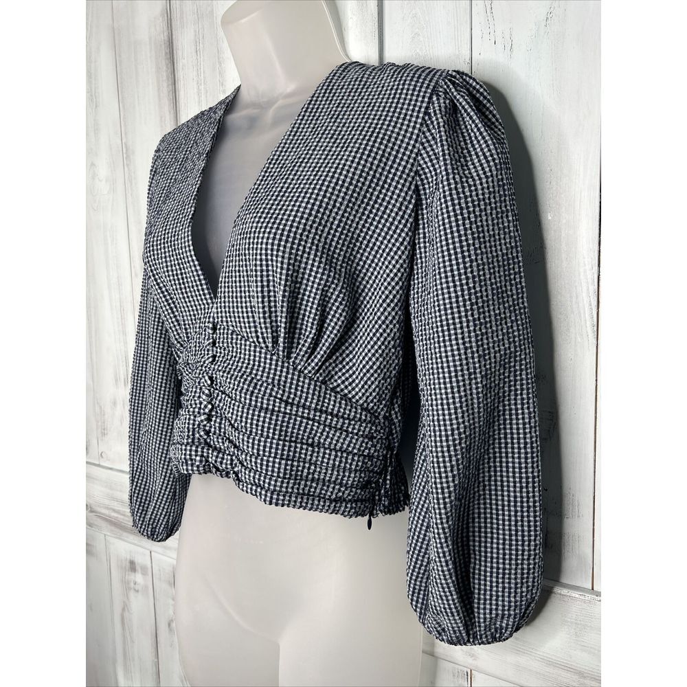 NEW ZARA BLUE GINGHAM SEERSUCKER CHECK DEEP V-NECK BUTTON SMOCKED CROP TOP XS