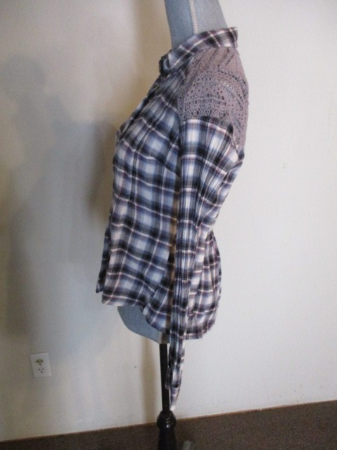 Free People FAB! Plaid Crochet Lace Insert Lower Peplum Shirt in Blue Plaid 2