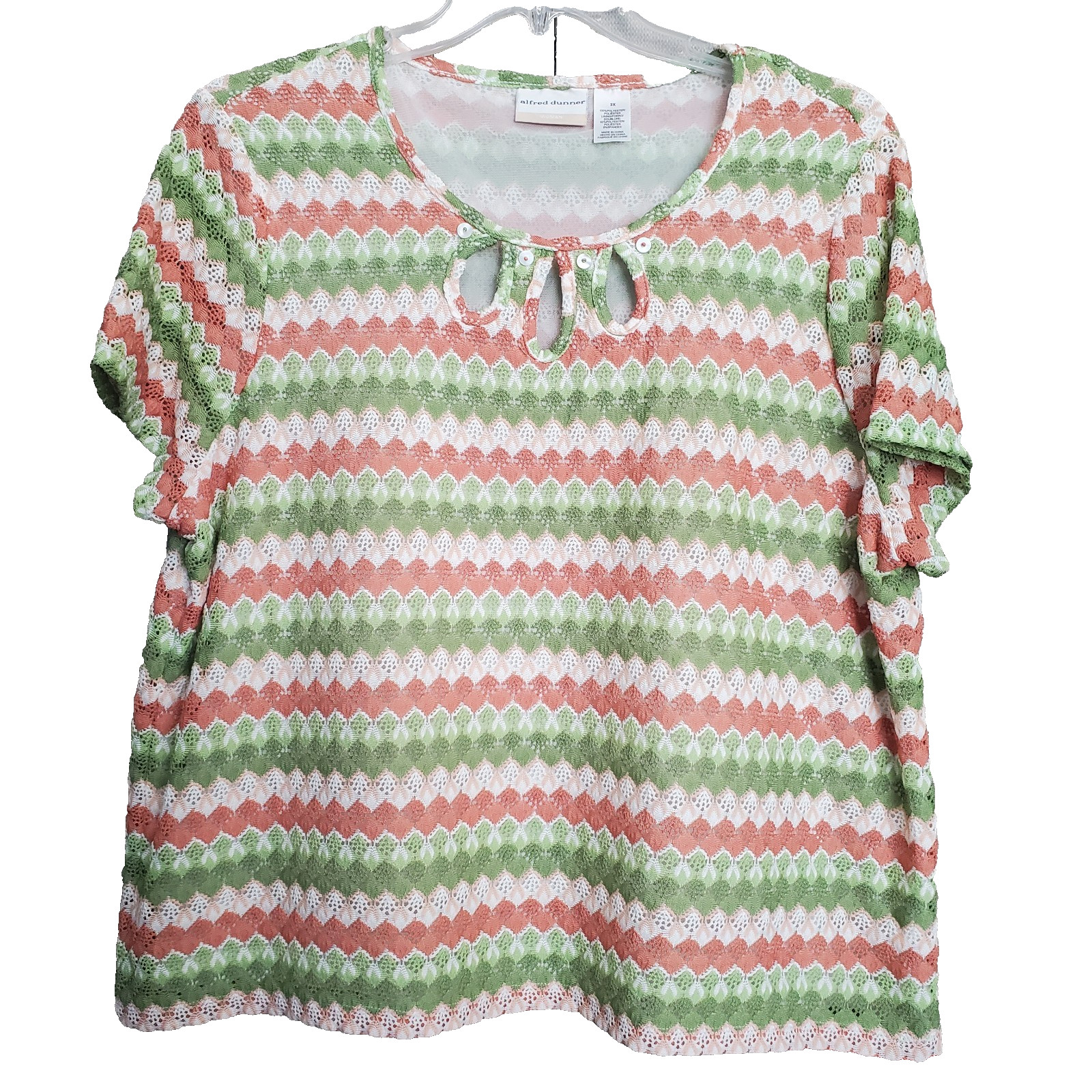 Alfred Dunner Woman Chevron Stripe Keyhole Neck Short Sleeve Lined Knit Top 2X