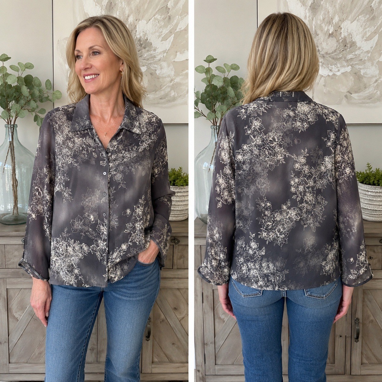 New York City Design Co Silk Floral Ombre Button Up Blouse Grey Black Medium