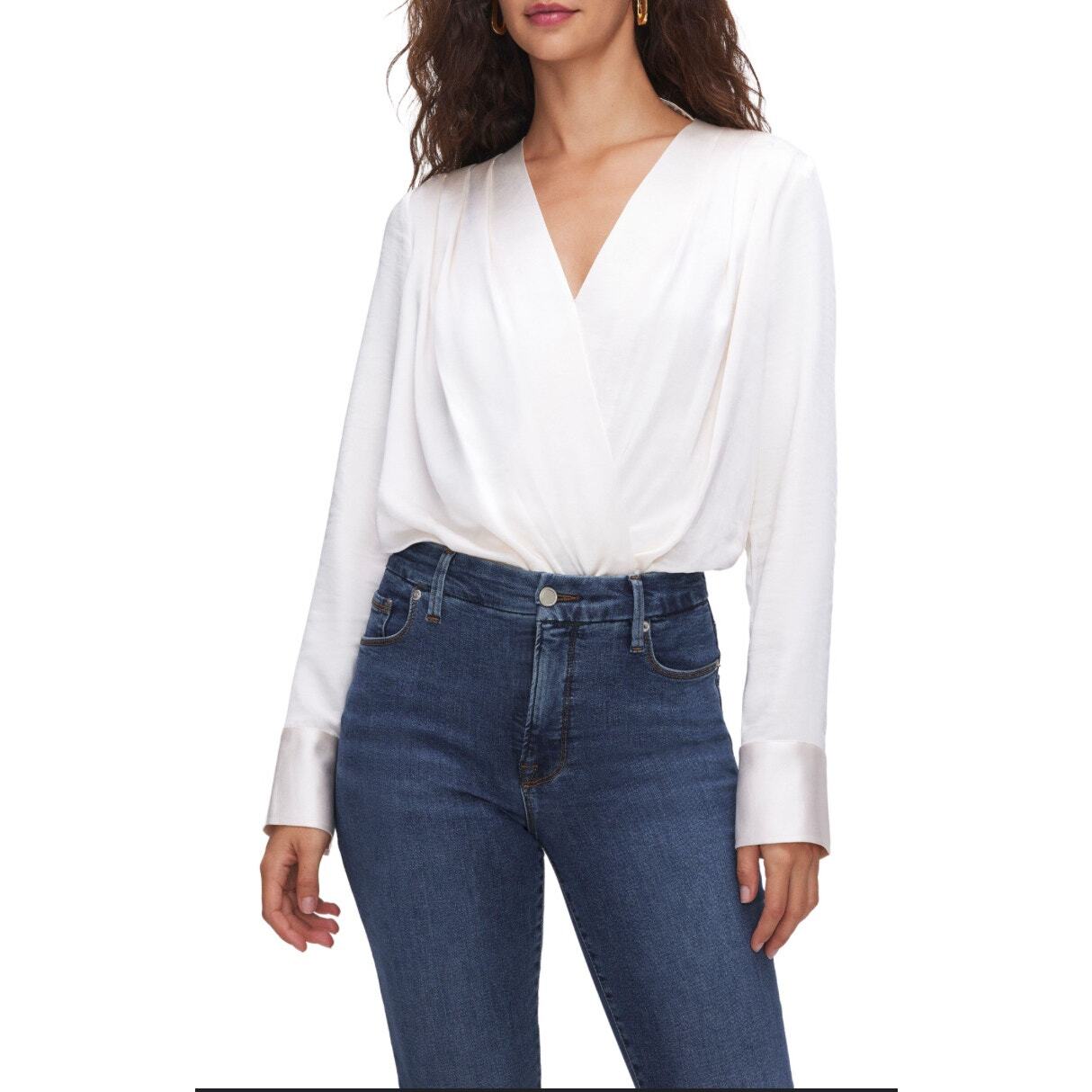 NWT Good American Faux Wrap Blouse XS Ivory Cuffed Blouson Long Sleeve V-Neck