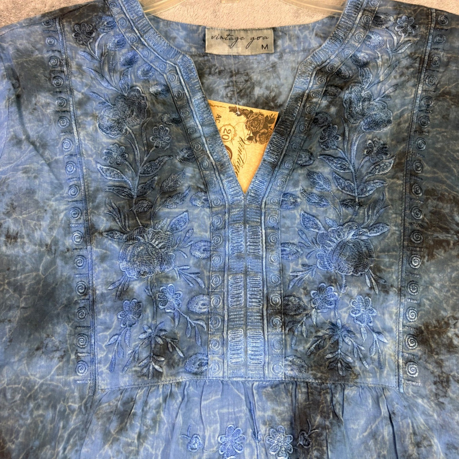 Vintage Goa M Blue Tie Dye Tunic Top Embroidered V-Neck Boho Peasant Casual