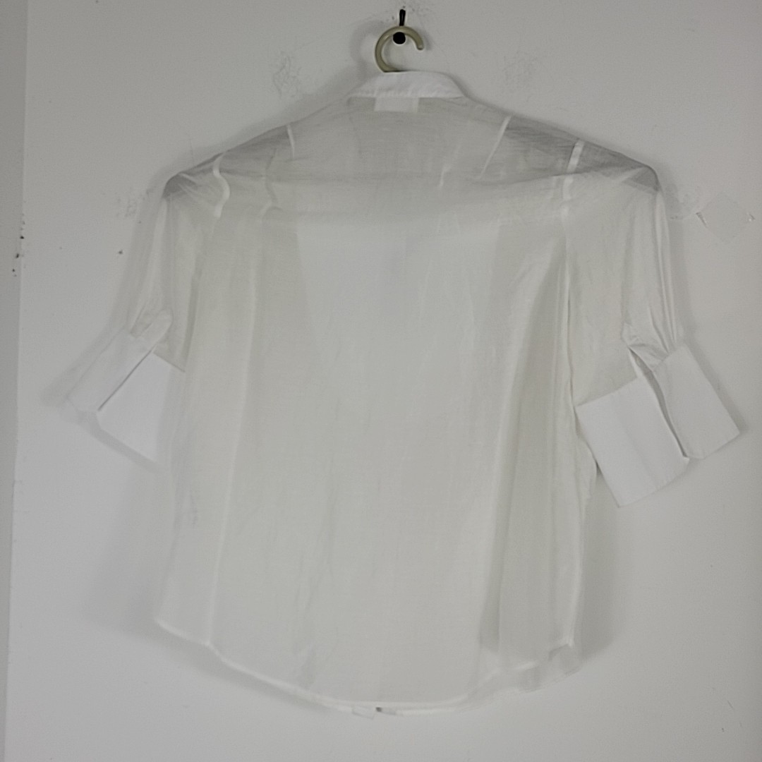 7 for All Mankind L Linen Silk Blend Ivory Popplin Blouse 3/4 Sleeve See Through