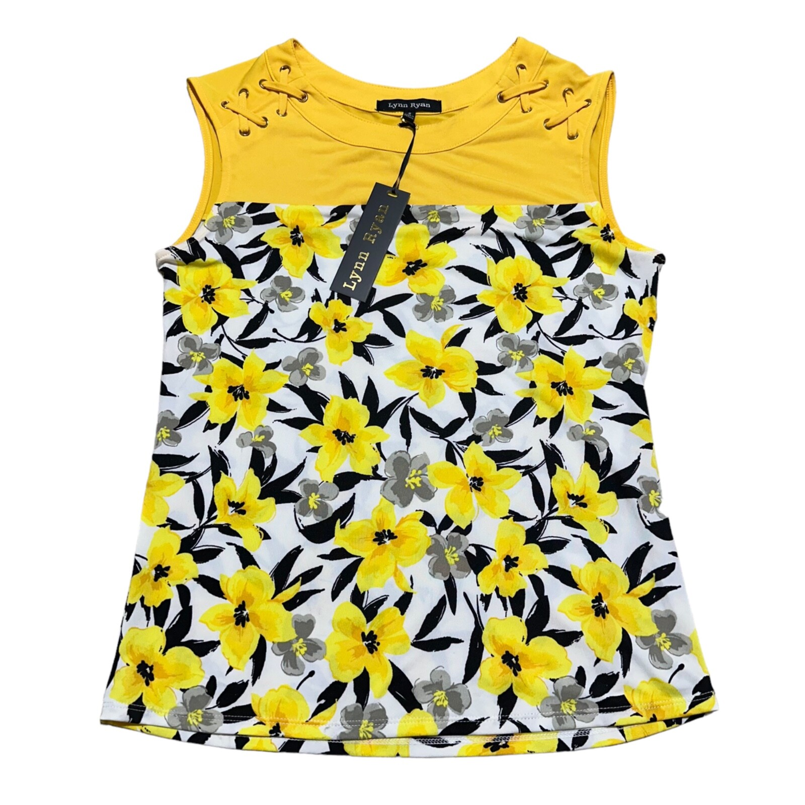 Lynn Ryan Size S Yellow Floral Sleeveless Lace Up Shoulder Knit Top NEW NWT