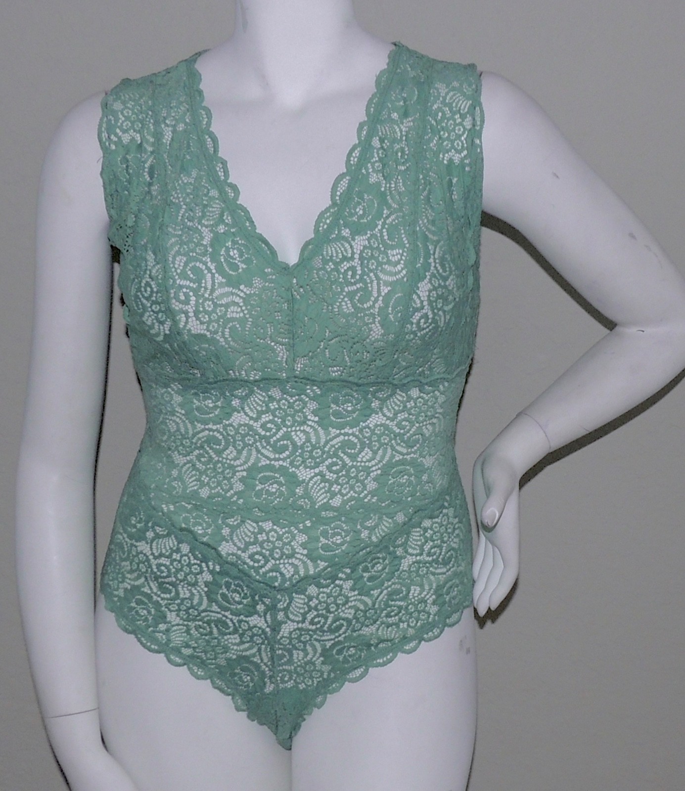 Oh Yes Fashion Sheer Stretch Lace Bodysuit Top Sage Green Plus 1XL 2XL 3XL New!