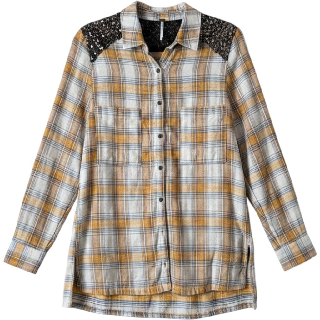 Free People Plaid Button Down S Yellow Sequin Yoke Flannel Boho Glam