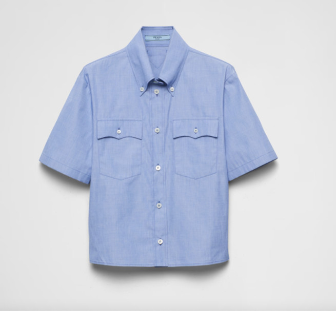 PRADA Sapphire Blue Fil-à-fil Cotton Short Sleeve Button-Down Shirt 40/US 4