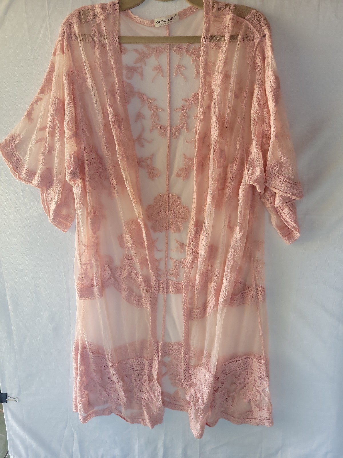 Anna-Kaci Pink Floral Embroidered Lace Kimono Cardigan Open Front Mesh Boho OS