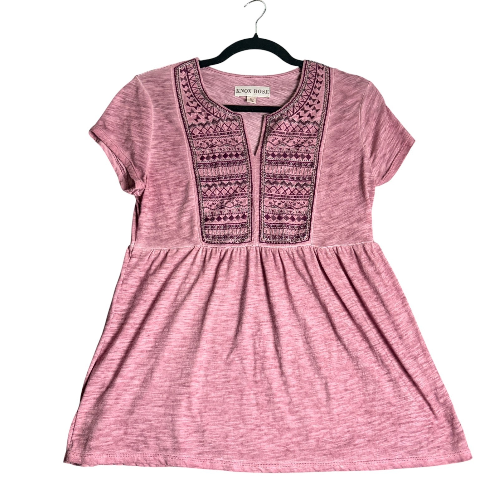 Knox Rose Size Xs Baby Doll Top Pink Embroidered Short Sleeve Blouse Boho Flowy