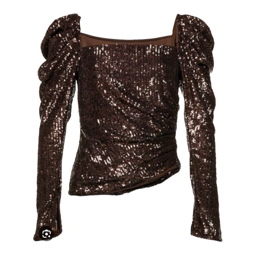 Jonathan Simkhai Sequin Puff Sleeve Top Brown Glam Party Size 12