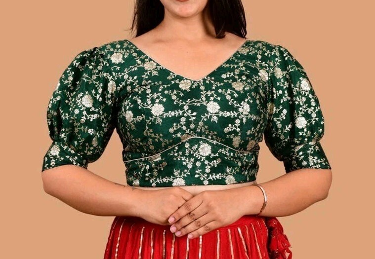 Green Banarsi Brocade Round Neck Puff Sleeves Party/Wedding Wear Saree Blouse