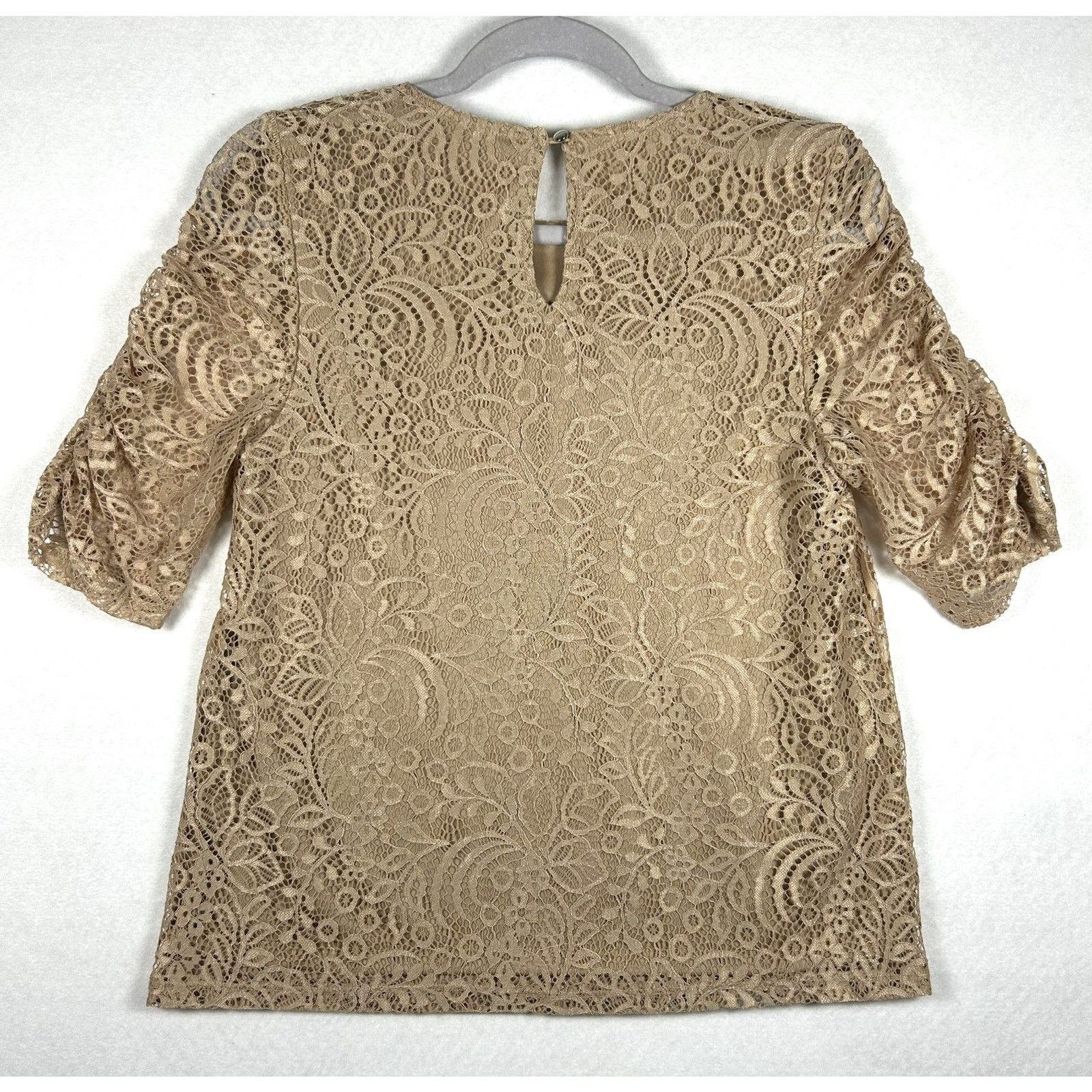 NWT Cable & Gauge Champagne Lace Blouse Top Boho Lined Short Sleeve Size M