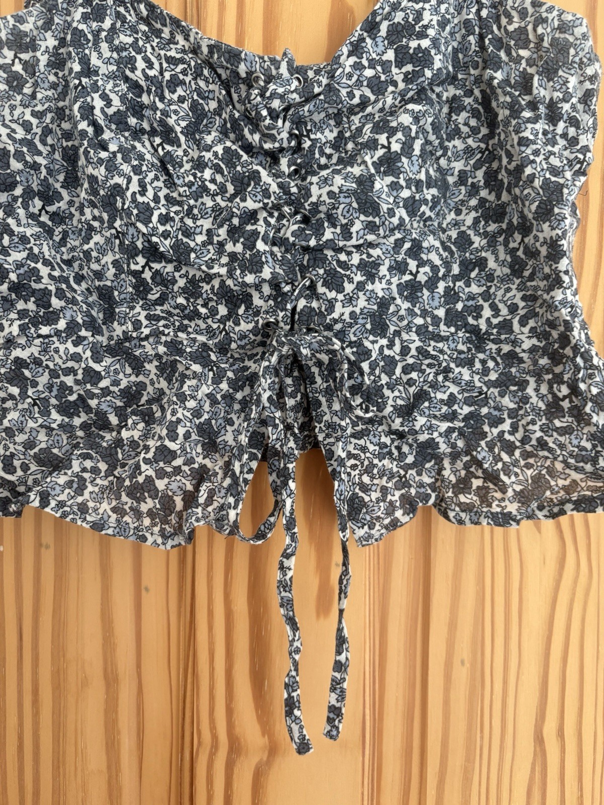 Urban Outfitters Floral Smocked Drawstring Crop Tank Square Neck Black/White S