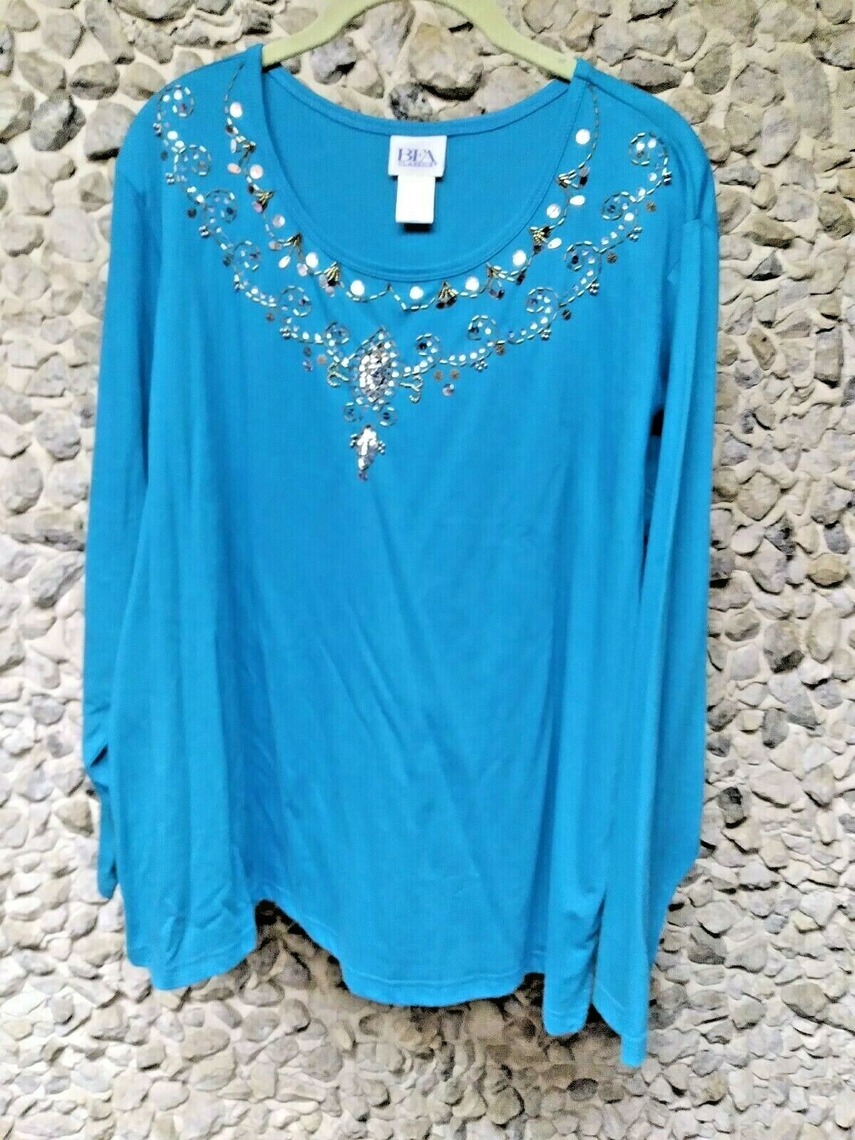 NWOT BFA classic woman’s turquiose beaded long sleeve tee size 3X only $19.99