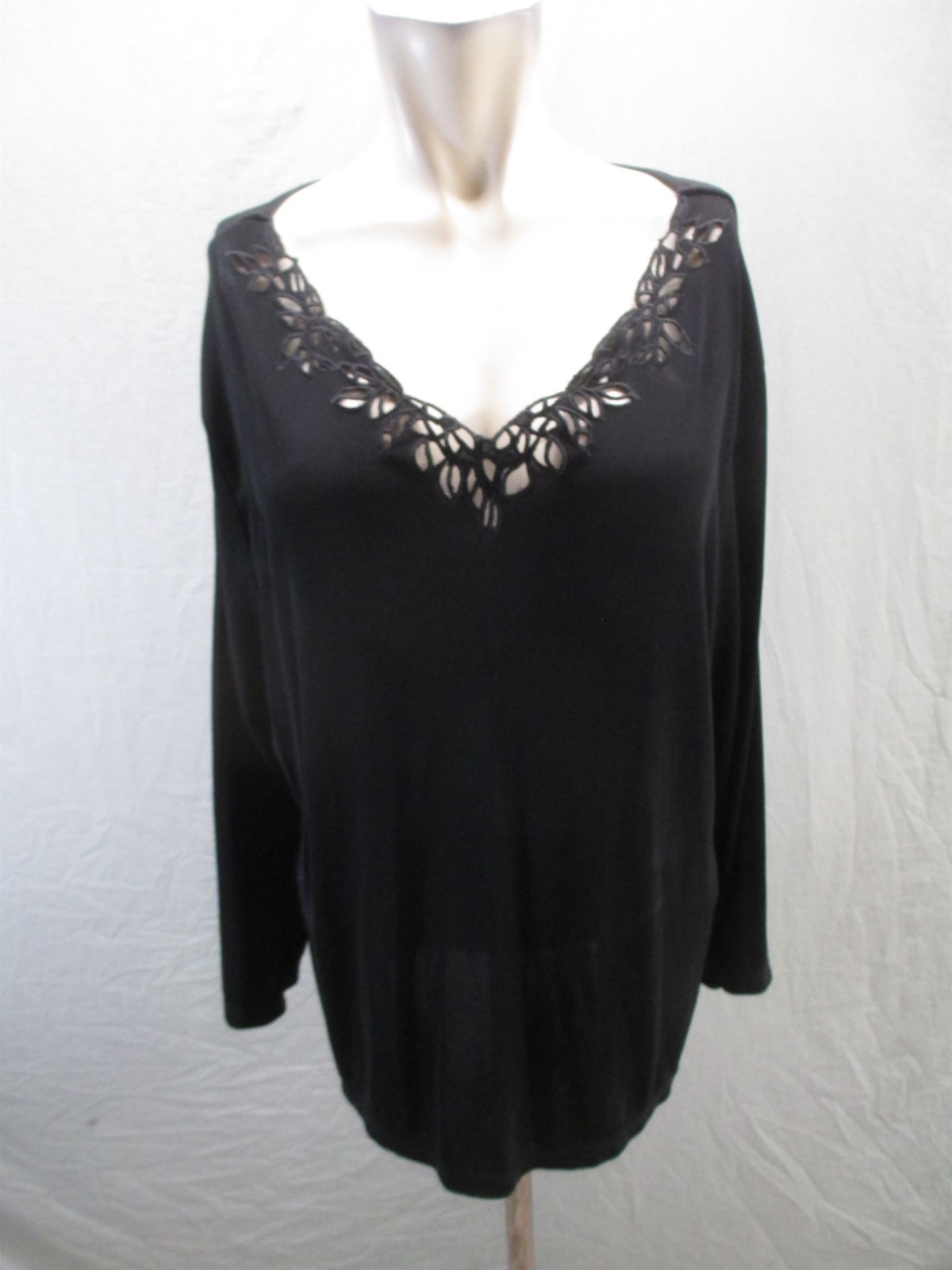 Coldwater Creek Size XL Womens Black Acetate Long Sleeve V Neck Cute Top 105
