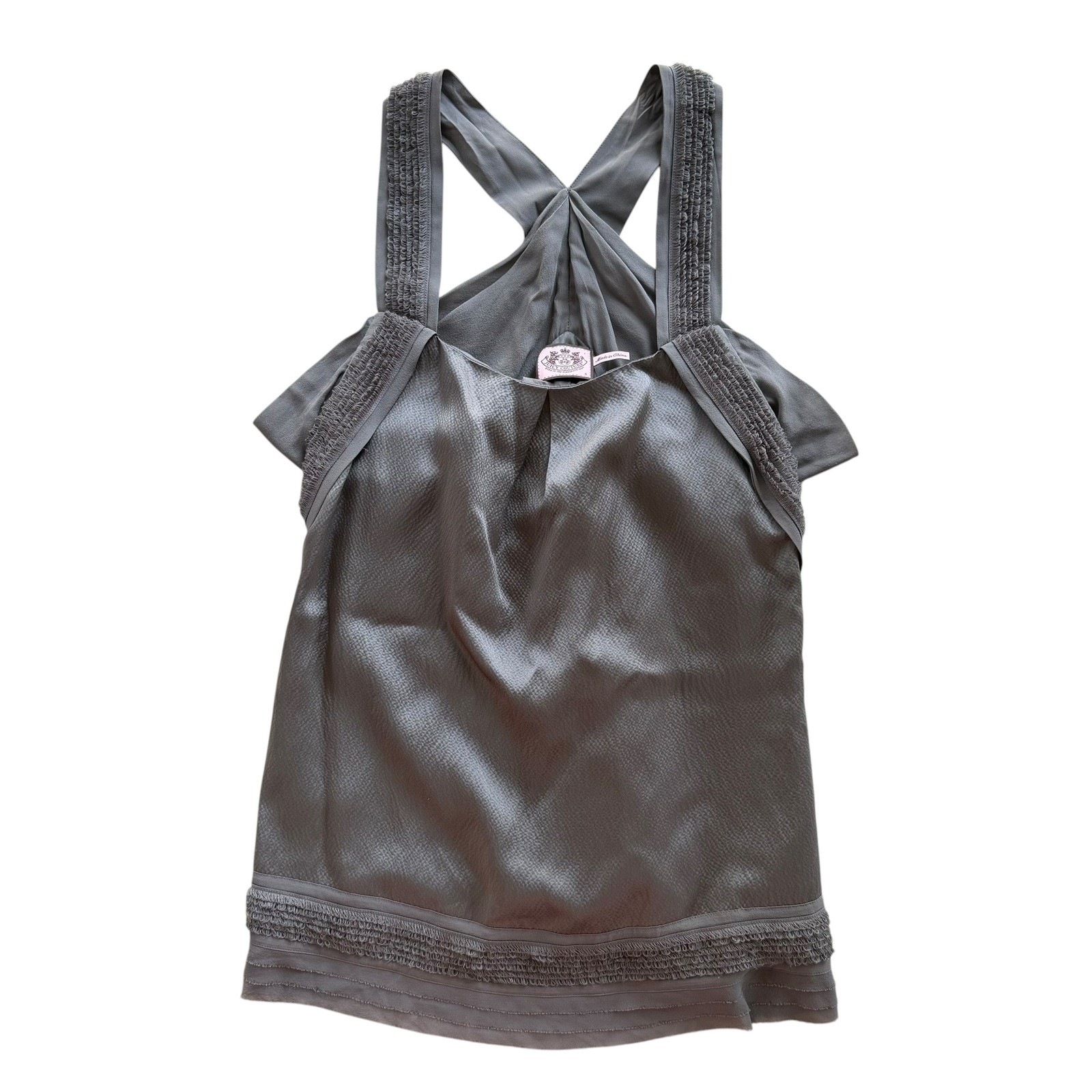 Juicy Couture Women 6 Gray 100% Silk Smocked Strap Criss Cross Back Tank Top Y2K