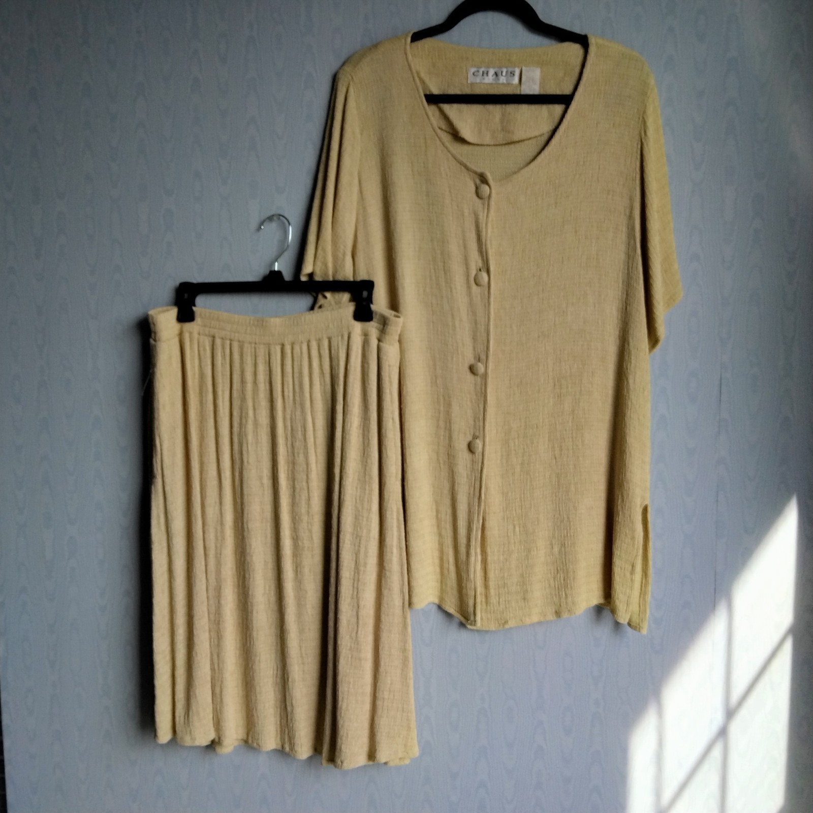 Vtg Chaus 2-Piece Set Sz 10 Crinkle Blouse & Elastic Waist Midi Skirt Lagenlook