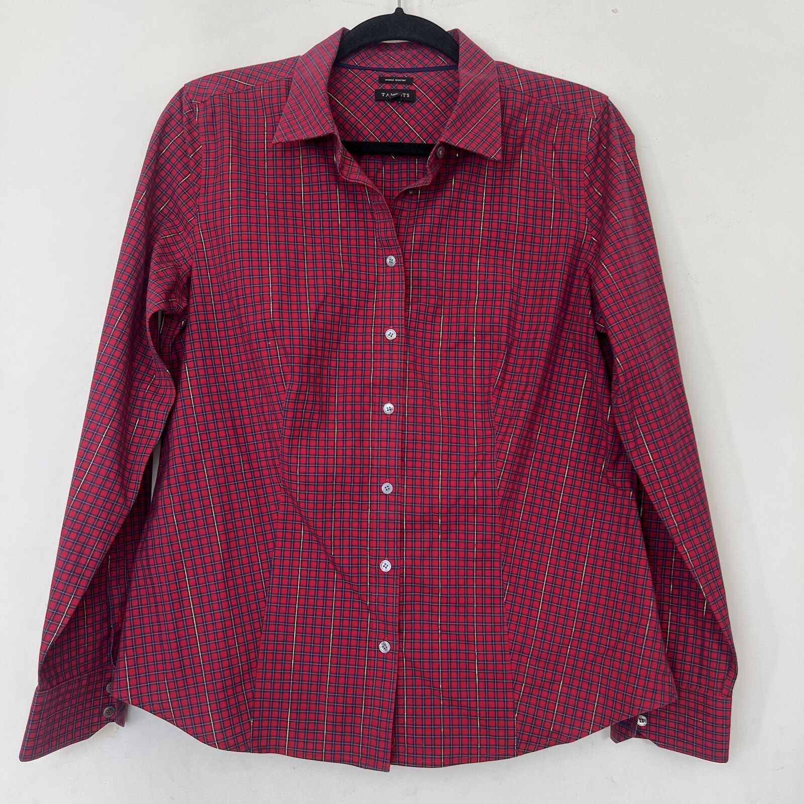 Talbots Women Red Plaid Shirt 8 Wrinkle Resistant Button Up Shirt Gold Metallic