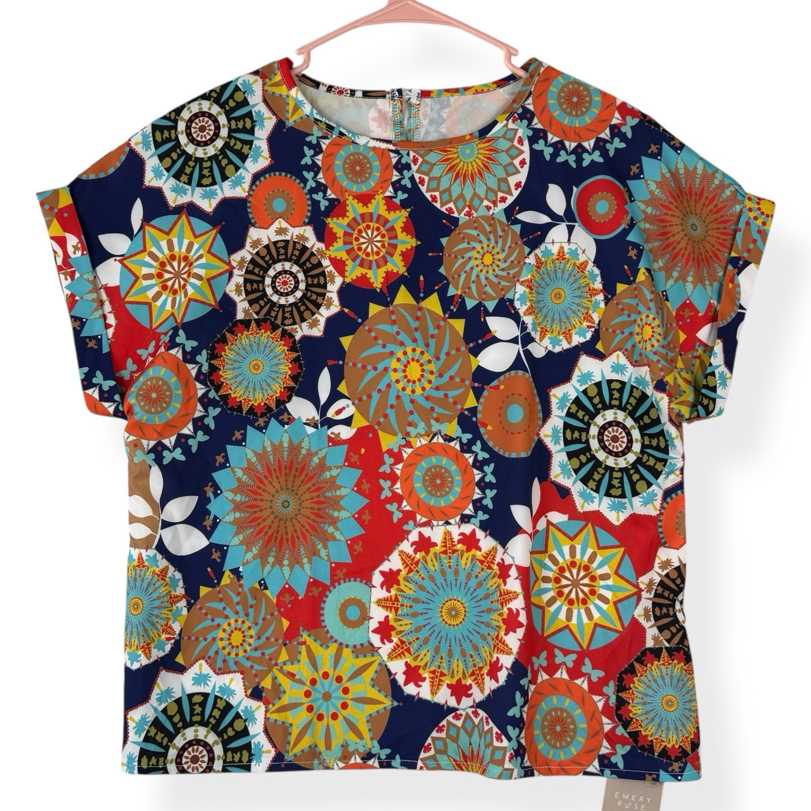 Emery Rose Blouse Womens S Small Colorful Mandala Print Short Cuffed Cap Sleeve